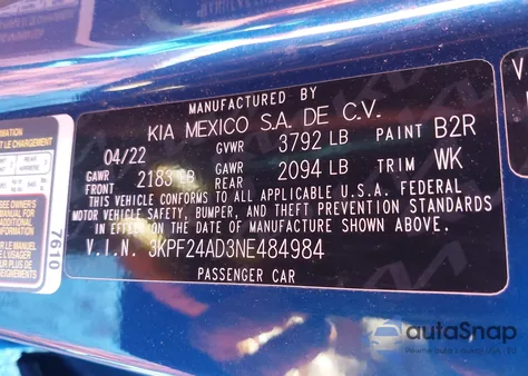 2022 Kia Forte Lxs из США, поврежденный, VIN 3KPF24AD3NE484984